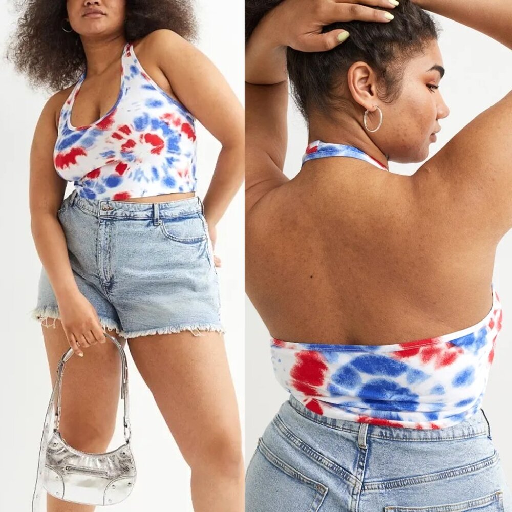 Plus Size 4X H&M Divided Red, White & Blue Tie Dye Crop Halter Top